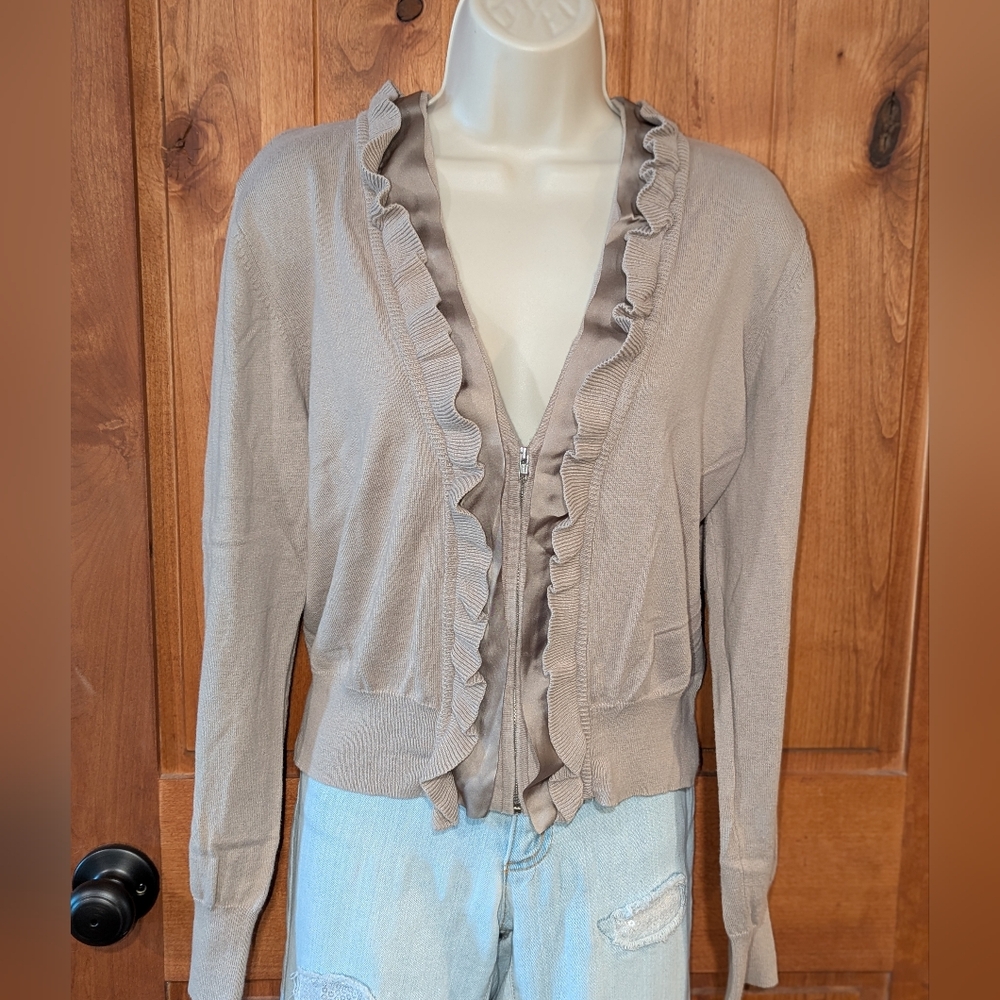 Women's Tan Ruffle Zip Front Cardigan Sweater